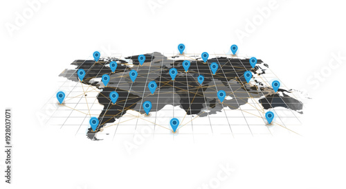 A three-dimensional grey world map grid with numerous blue location pins connected by golden lines in an isometric view.