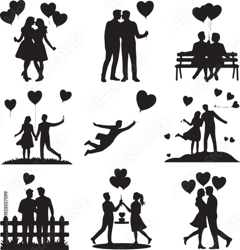 Romantic Couple Heart Silhouette Collection – Love, Wedding & Valentine Vector Icons Set