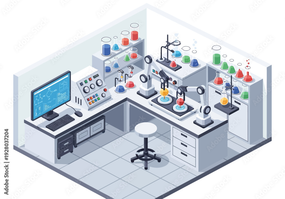 Obraz premium Modern laboratory with robotic arms and scientific equipment, illustrating advanced research and development
