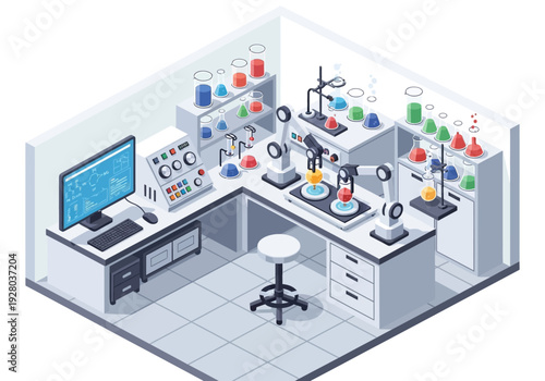 Modern laboratory with robotic arms and scientific equipment, illustrating advanced research and development