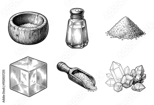 Vintage engraving collection of salt elements including shaker wooden bowl scoop crystals and geometric mineral cube in woodcut style