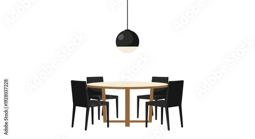 A minimalist dining setup features a round wooden table with four black chairs and a single pendant lamp on a white background.