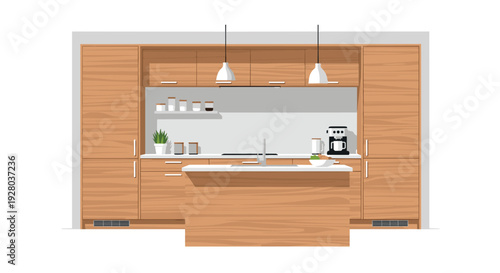 A modern kitchen features light wooden cabinetry, a white countertop, a central island with a sink, and two pendant lights.