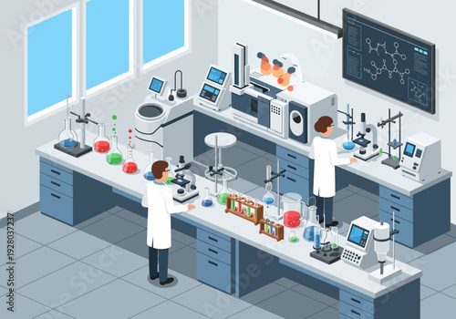 Modern scientific laboratory with researchers conducting experiments and advanced equipment