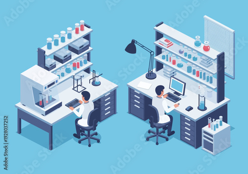 Scientific research laboratory with scientists working on experiments and computers