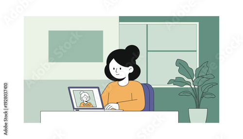 Woman working remotely on laptop with video call in modern home office
