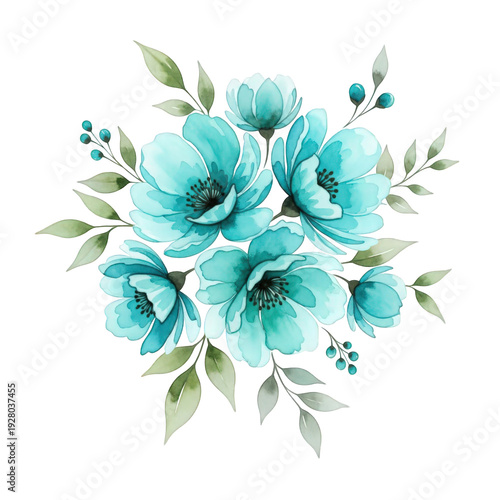 Vibrant turquoise floral arrangement with green leaves isolated on transparent background