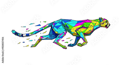 A colorful polygonal cheetah illustration in a dynamic running pose