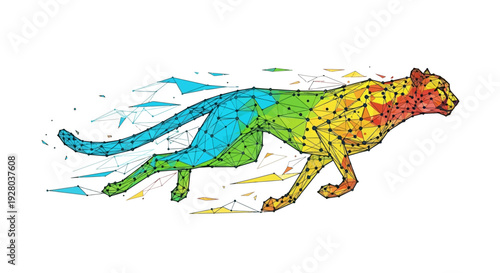 A colorful polygonal cheetah appears to be running quickly forward