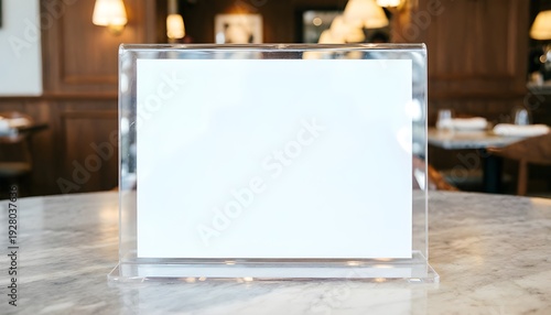 Horizontal Table Tent Sign Mockup in Clear Acrylic Stand on Restaurant Table