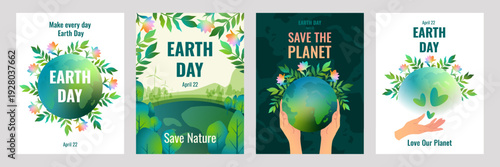World Earth Day poster templates. Concept of ecology and environmental protection. Planet, nature, green plants, text Save the planet, Love our Earth, Save nature.