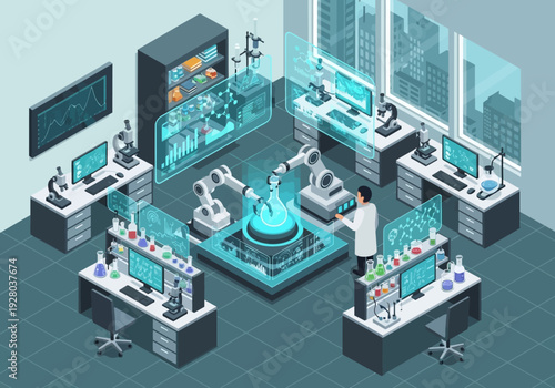High-tech laboratory with robotic arms and scientific equipment for advanced research and development