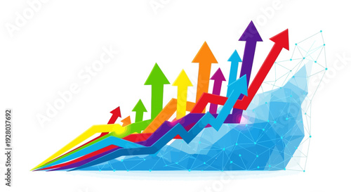 Colorful arrows rising from a polygonal blue base representing growth