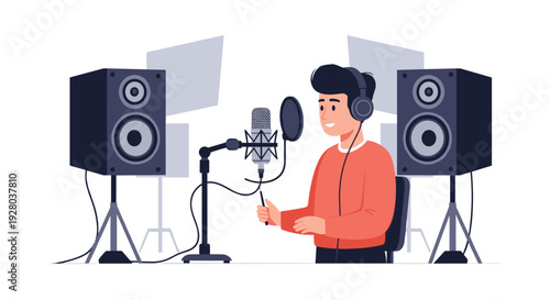 A man wearing headphones sits smiling and giving a thumbs-up in front of a microphone, flanked by studio monitors on a white background.