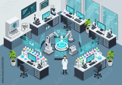 Modern laboratory with advanced robotic equipment and scientists conducting research