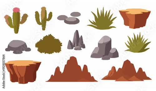 Desert vegetation and rocky mountain cartoon vector elements for wilderness scenery