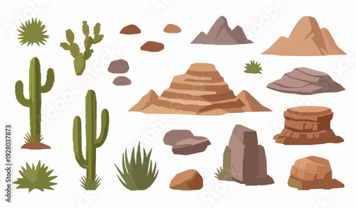 Stylized desert wilderness landscape vector set with cactus plants rocks and mountains