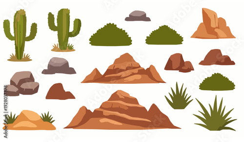Cartoon desert landscape elements with cactus mountains rocks and bushes vector set