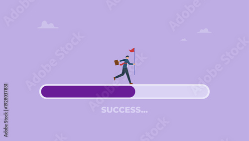 Businessman running on progress bar to reach the goal. On progress business success concept.
