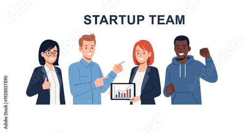 Four diverse individuals, two men and two women, stand with STARTUP TEAM text, gesturing on a white background.