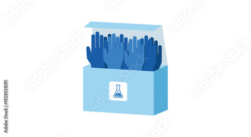 An open light blue box containing multiple dark blue disposable gloves with a flask icon is presented on a clean white background.
