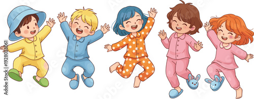 Happy group of cute diverse children jumping with joy wearing colorful pajamas and slippers for a cozy slumber party pajama night fun celebration.