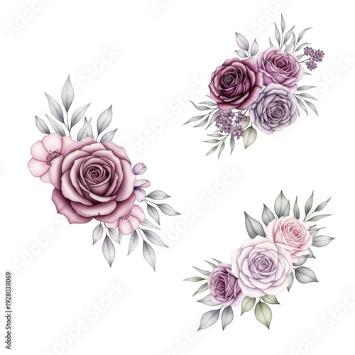 Beautiful floral arrangements with roses and leaves isolated on transparent background