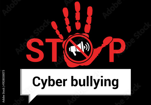 Stop cyberbullying campaign logo with a hand and a speech bubble symbol