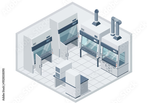 Laboratory equipment in a scientific research facility with fume hoods and workbenches, isometric view