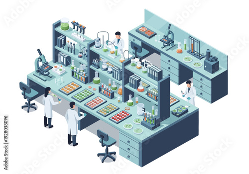 Innovative research laboratory with scientists conducting experiments and advanced scientific equipment for discovery