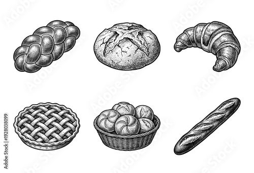 Vintage engraving style bakery collection featuring braided bread sourdough croissant lattice pie rolls in a basket and a baguette