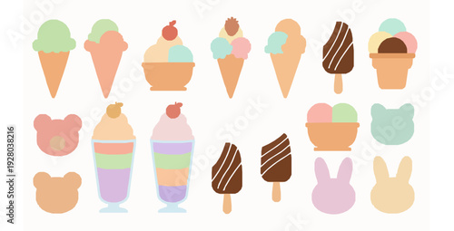Decorative cartoon ice cream desserts vector set isolated on white