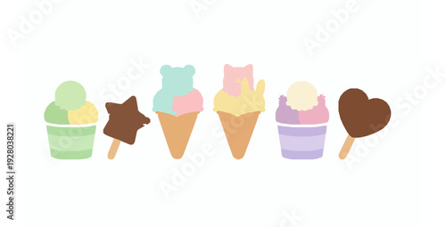 Cute cartoon ice cream and gelato vector set with animal shaped desserts isolated on white