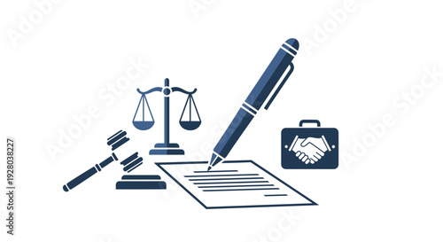 A set of legal icons, including a gavel, scales of justice, a pen writing on a document, and a briefcase, is displayed on a white surface.