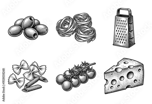 Set of hand drawn italian food ingredients including pasta olives tomatoes cheese and grater in vintage etching engraving style