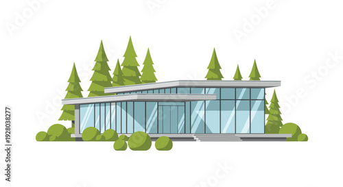 A contemporary single-story house with large glass windows and a flat roof stands surrounded by numerous green pine trees and bushes.