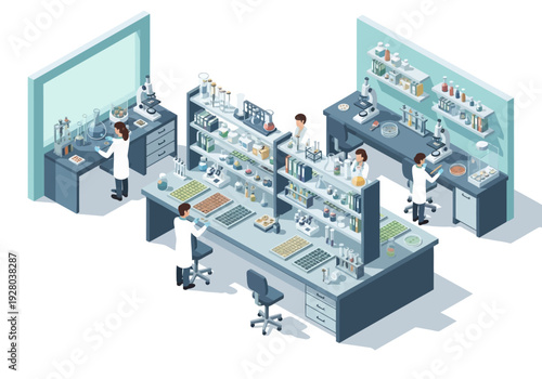 Scientists working in a modern laboratory setting, conducting research with advanced equipment and technology