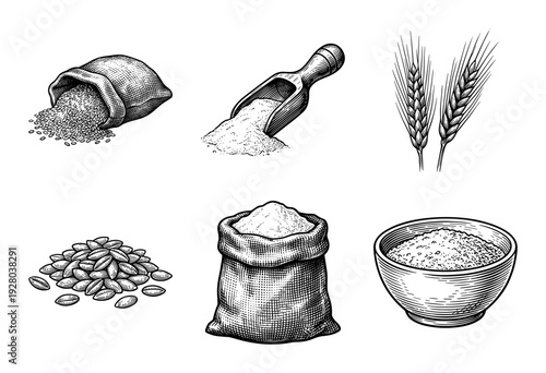 Vintage woodcut style illustrations of wheat stalks, flour sacks, and cereal grains for agricultural and bakery branding.
