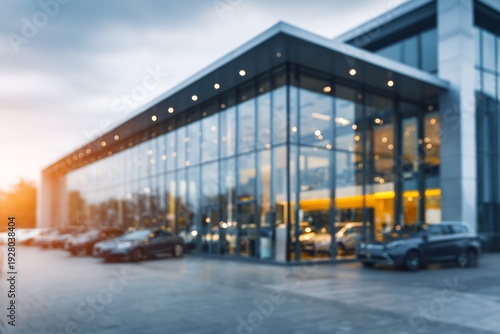 Modern building facade with cars in showroom and parking lot.