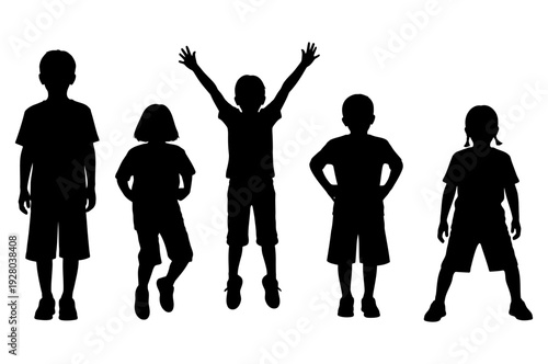 Silhouette of happy children group standing and jumping together