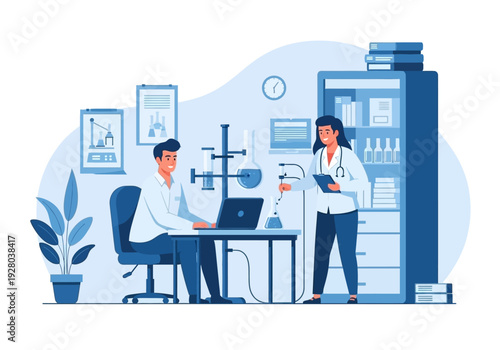 Two scientists collaborating in a modern laboratory setting, utilizing advanced technology and equipment for research and development