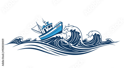 A dynamic illustration shows a blue fishing boat battling through a tumultuous sea of large, dark blue, cresting waves, conveying challenging marine conditions.