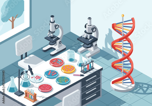 Science laboratory with microscopes, petri dishes, and DNA helix