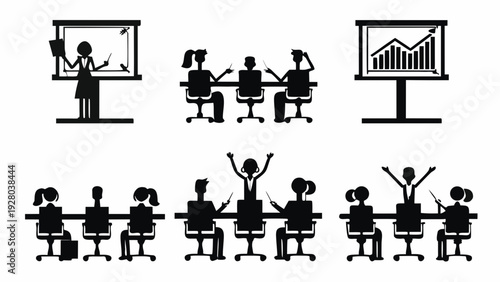 Business meeting silhouettes with presentations and discussions
