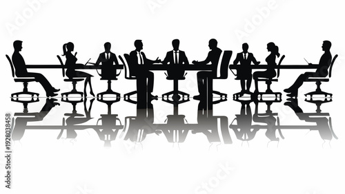 Business team meeting in modern office setting with silhouettes