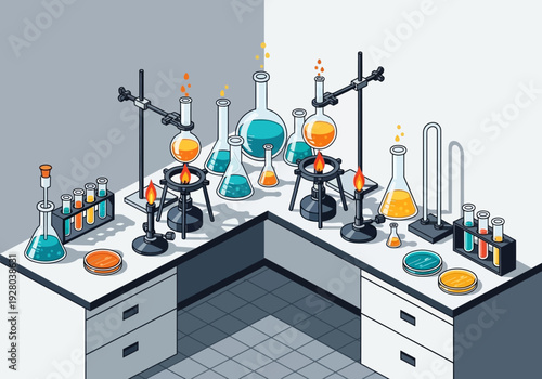 Illustration of a science laboratory with various chemical equipment and experiments