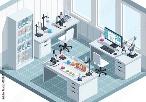 A bright and modern laboratory interior with scientific equipment and robotic arm on a computer desk