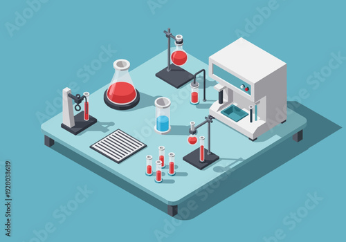 Isometric laboratory equipment and science experiments with test tubes and beakers on a blue background