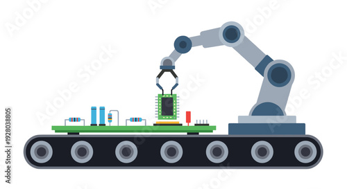 A robotic arm precisely places a microchip onto a circuit board on a conveyor belt.