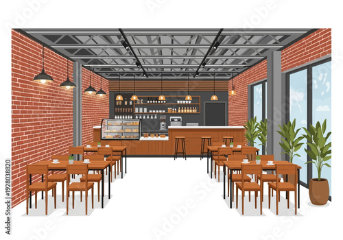 Interior view of a modern, industrial-style cafe with exposed brick walls, seating area, and a counter display of pastries and drinks